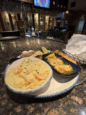 Lovsrer Tail, Scallops, shrimp Scampi, and Alfredo shrimp.