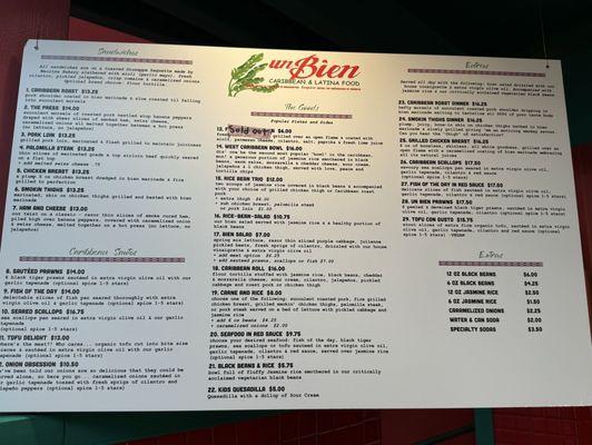 Menu as of September 2024