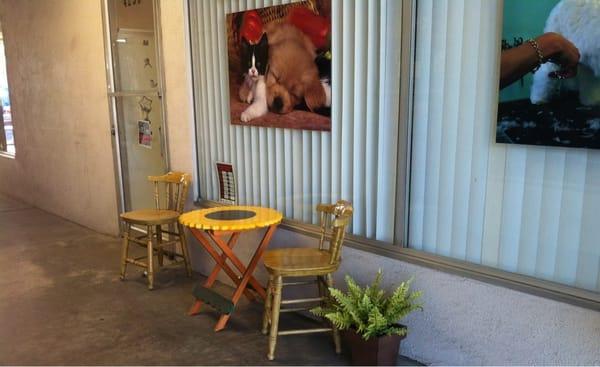 The cute waiting area for the pet groomers across the hallway