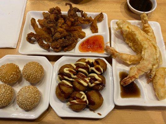 Sesame balls, calamari, takoyaki, & tempura shrimp