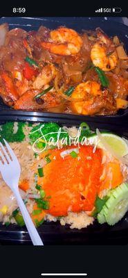 Drunken noodles with shrimp  Thai fried rice with grilled salmon