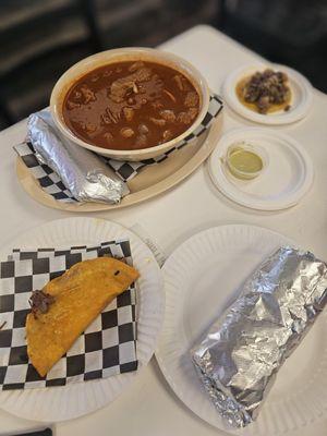 Big bowl of menudo, quesabirria, bean cheese burrito(my kids love this), cabeza taco