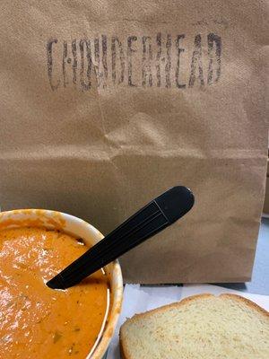 Tomato basil soup and a slice of bread