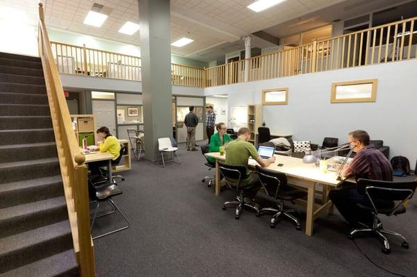 Our back space and mezzanine has floating work stations, dedicated desks and private offices.