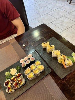 Any 3 Roll Lunch ($12.95) - Eel Avocado, Yellowtail Scallion, Spicy White Tuna Avocado (left)