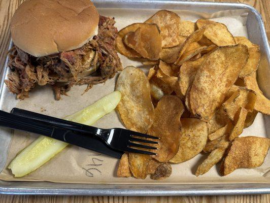 Pulled pork and chips.