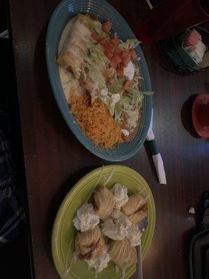 Two fried fried chimichanga and fried tres leches with ice cream.