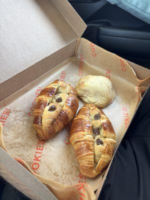 Croissant stuffed chocolate chip cookie and a snickerdoodle cookie