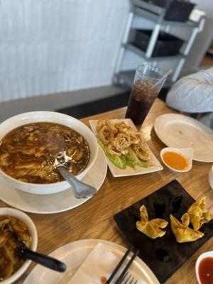 Hot and Sour Soup with calamari and crab rangoon.