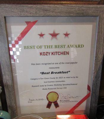 Kozy Kitchen -
 Best of the Best Award -