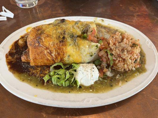 Steak burrito with rice and beans