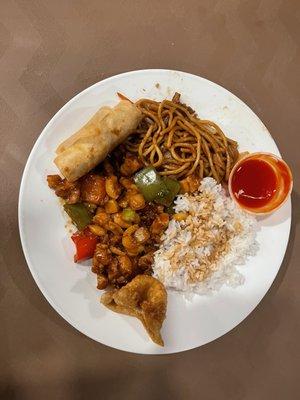 Kung pao, beef noodle, egg roll, cream cheese wong tong!