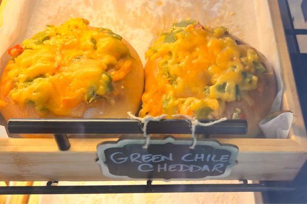 Green Chile cheddar bagel