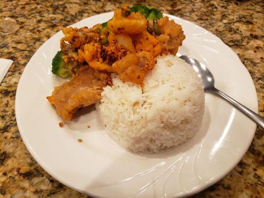 Salt and pepper pork chops and squid over rice.