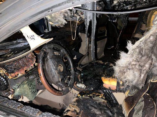 Interior of car following fire, two less than two hours after leaving Baird