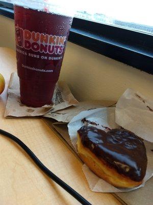 Large raspberry iced tea and heart shaped Boston cream.