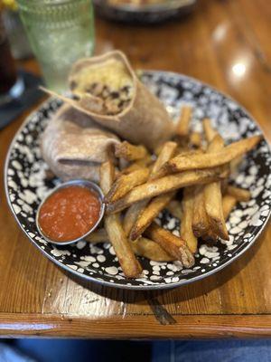 Meatloaf wrap with fries and fresh ketchup