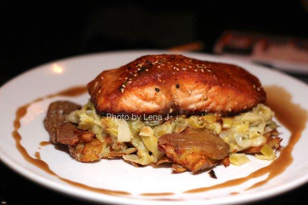 Atlantic Misoyaki Salmon ($30) - Smashed fingerling potatoes, creamed leeks, sesame, Michigan maple misoyaki