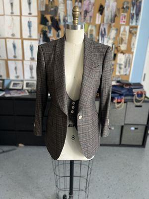 Old Hollywood style bespoke custom women's three piece suit tailored in a light Italian plaid flannel.