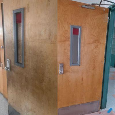 Before and After cleaning of school doors.