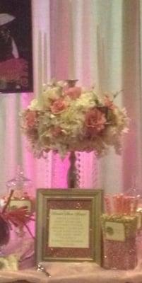 Candelabra centerpiece Jenna at O'Malley's created for me for a Bridal Show in February 2014.