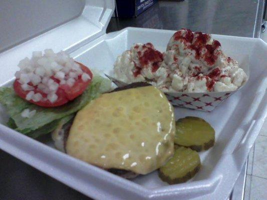 Cheese burger & homemade mac salad with a dash of paprika!