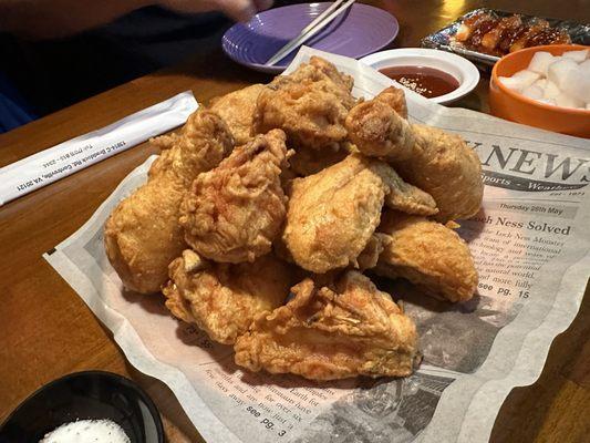 Fried chicken with hot & spicy sauce on the side!