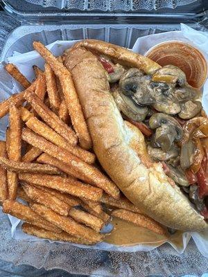 Gratitude Griller with vegan cheese and sweet potato fries