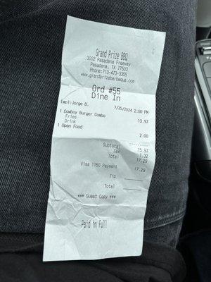 Receipt total cost for "lunch special"