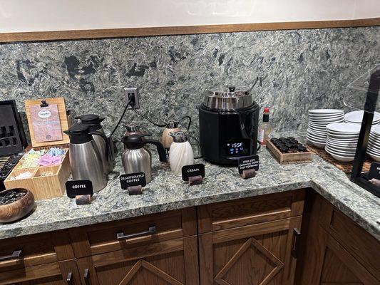 Continental breakfast. Oatmeal, milks for coffee.