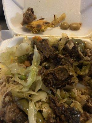 Oxtails, Rice and Peas w/cabbage and random "Lima beans "