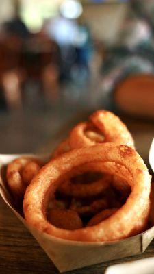 Battered onion rings tasted like frozen food.