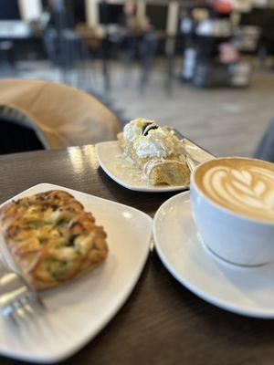 Spinach and feta puff pastry, live laugh love crepe and a vanilla latte!