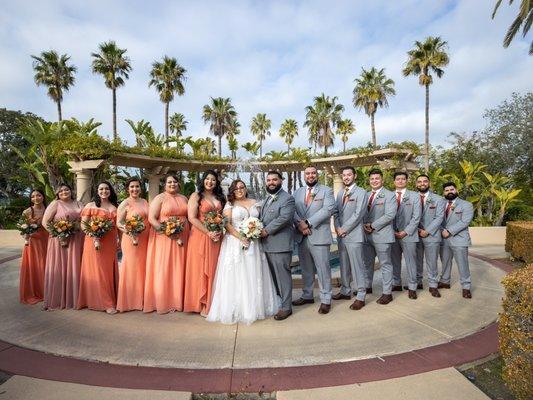 In front of the water fountain for amazing bridal party pictures