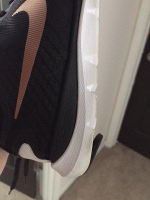 Heel rubber peeled up on new shoes PRIOR to fixing. Now they're perfect.