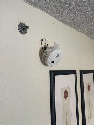 Fire alarm hangin off of wall