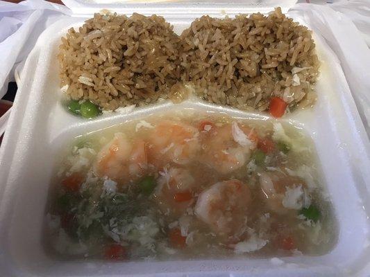 The lunch order of shrimp in lobster sauce. Comes with fried rice and soup.