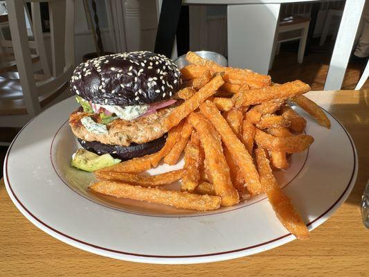 Salmon burger & sweet potato fries.