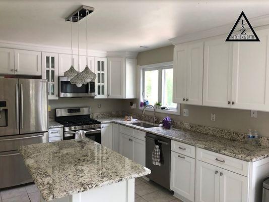 Forever Mark Uptown White Cabinets & Crema Petra Granite.  Job Site: Chesterfield, NJ