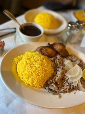 Lechon Asado Yellow Rice Black Beans Plantains