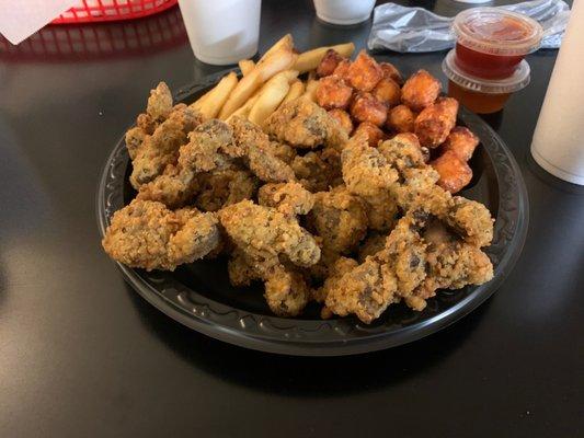 Gizzards, fries and sweet potato tots. Their gizzards were surprisingly tender!