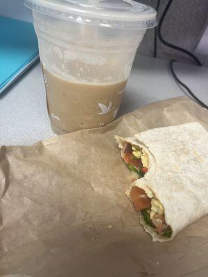 Burrito- egg, sausage, salsa, spinach  Caramel Frappuccino