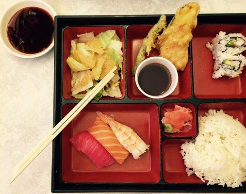 Sushi bento box. Came with miso soup and noodle salad