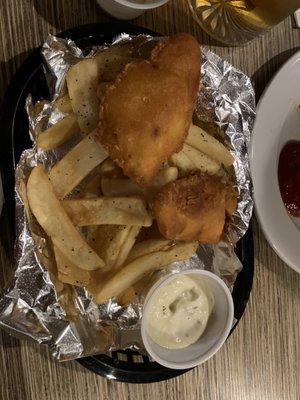 Fish basket with halibut fish. It was great Fish & Chips. The tarter sauce was great tasting and worked well with the fish or the fries.