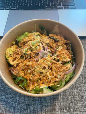 Lava Tuna Poke with cucumber, avocado, crispy shallots, scallions with 1/2 rice, 1/2 arugula