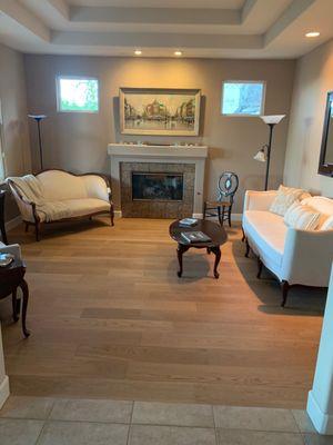 Living room with tile transitions.