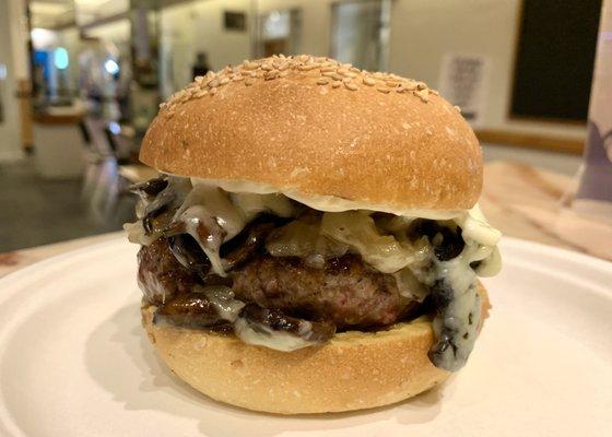 The amazing Mushroom Swiss Burger featuring local grassfed beef