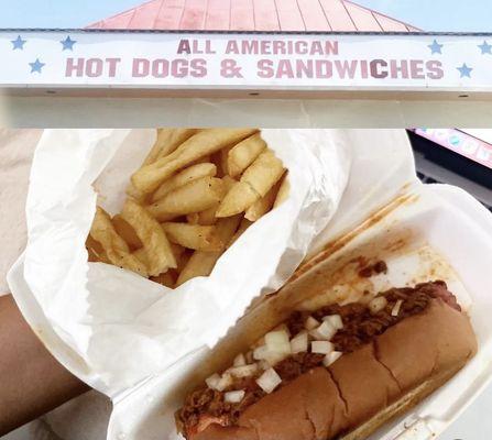 Chili dog with onions and fries