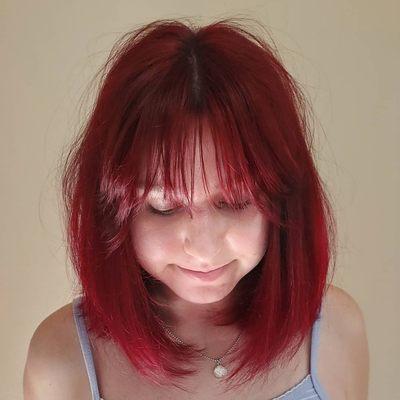 Berry red fantasy color w/textured bob and curtain bangs