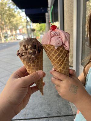 Strawberry ice cream and rocky road ice cream